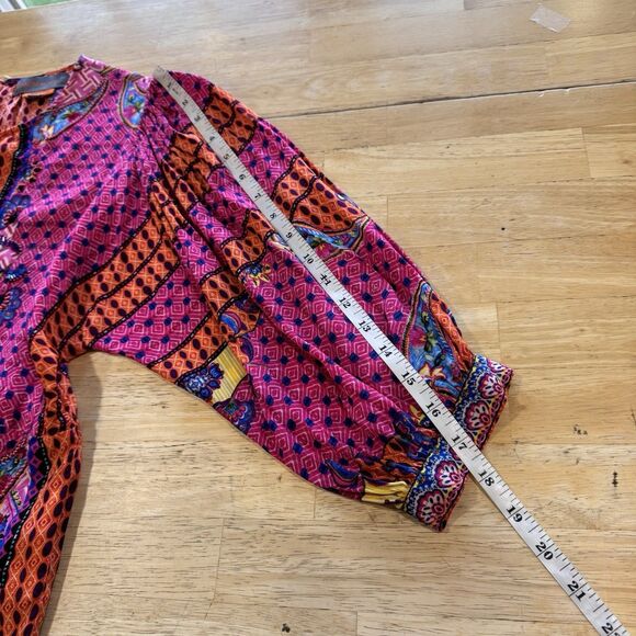 BHANUNI Anthropologie Viscose Emilia Peasant Vibrant Pink Oversize Beaded Top XS - Picture 11 of 14